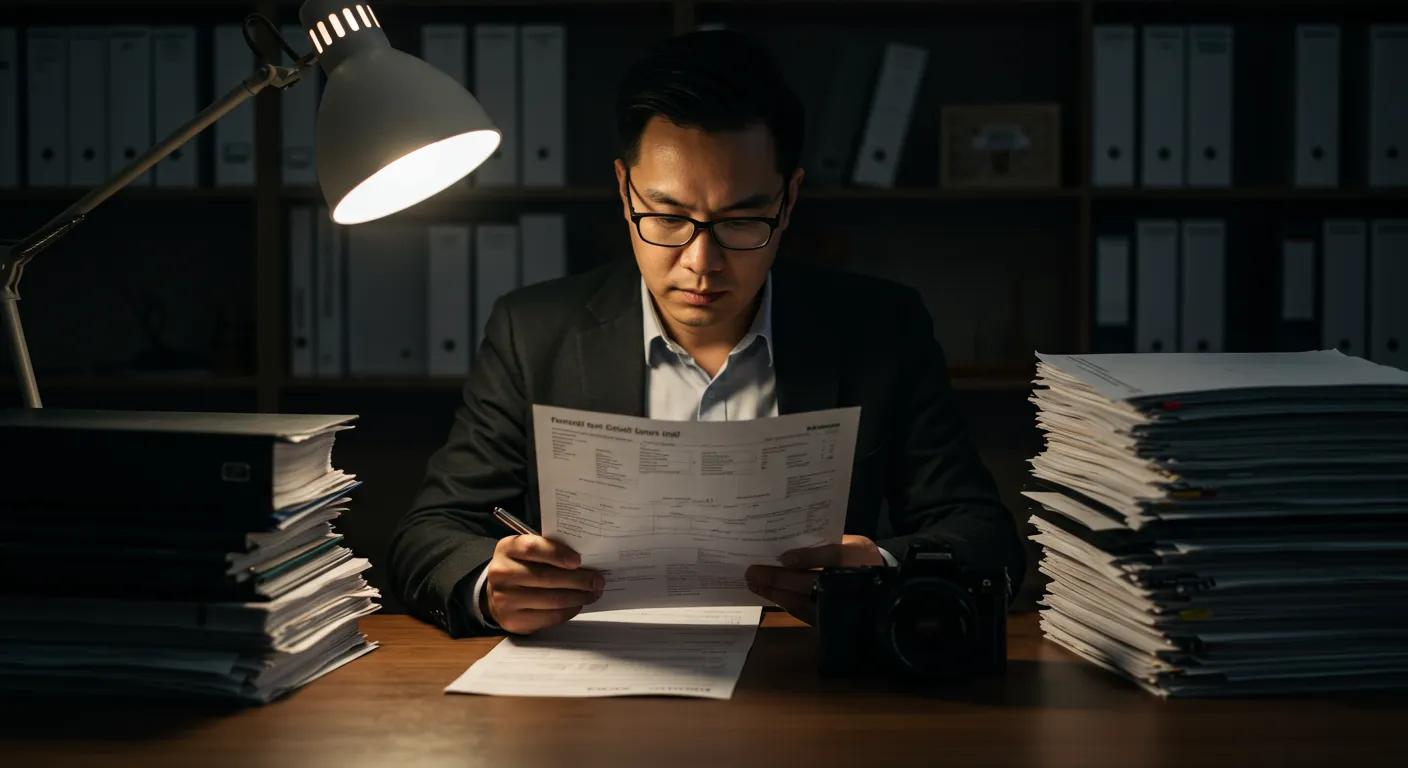 Personal injury claims: a dimly lit office space features a focused individual reviewing crucial accident documentation, surrounded by stacks of legal files and insurance paperwork, highlighting the importance of meticulous record-keeping in personal injury cases.