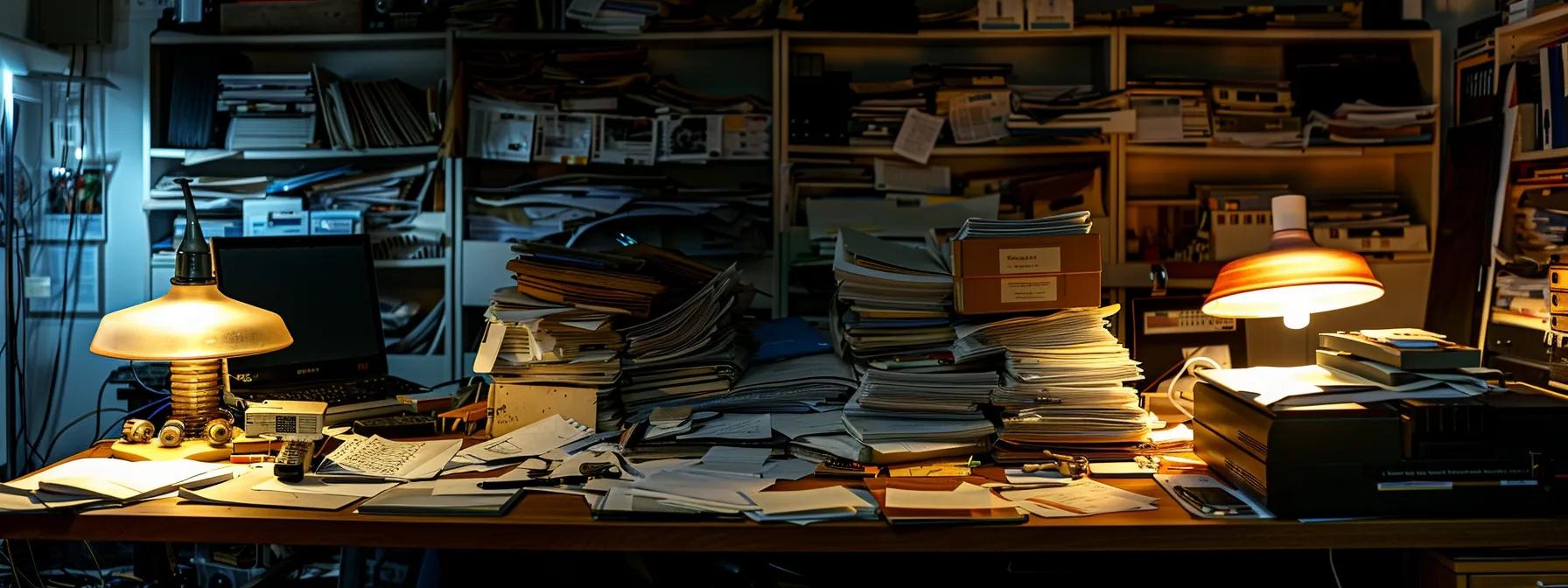 a cluttered office desk covered with disorganized stacks of medical records, bills, and incomplete claim forms, illuminated by harsh fluorescent lighting, emphasizing the chaos and critical nature of thorough documentation in personal injury claims.