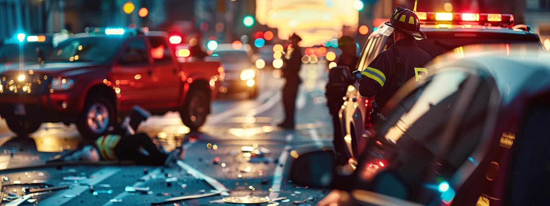 a detailed urban accident scene captures emergency responders documenting the crash, while involved drivers exchange information and witnesses observe, highlighting the critical actions necessary for building a strong injury claim.