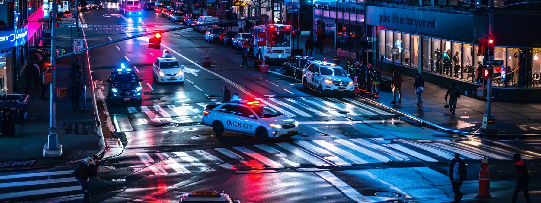 a dimly lit city intersection reveals the aftermath of an accident, with emergency vehicles flashing their lights, professionals documenting evidence, and a tense atmosphere filled with urgency and focus.