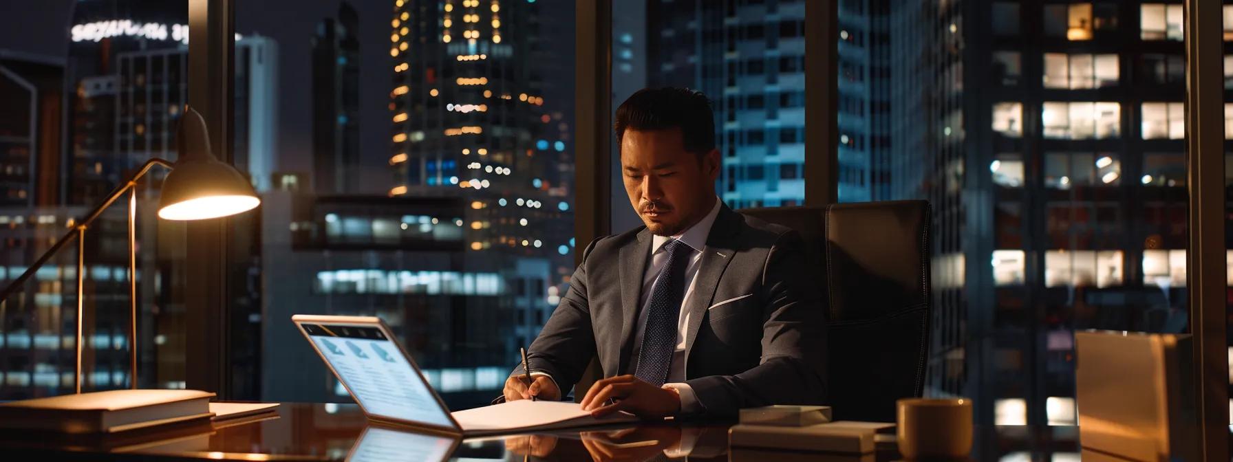 a focused lawyer sits at a sleek, modern office desk, attentively reviewing a personal injury claim file while a digital tablet displaying social media guidelines rests beside him, emphasising the importance of strategic communication in legal proceedings.
