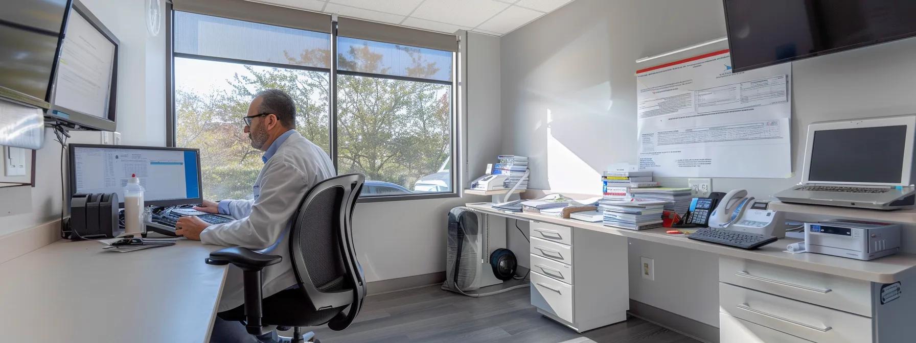 a focused medical professional reviews a detailed patient file in a bright, modern clinic, illustrating the importance of thorough documentation and timely medical evaluation for car accident injury claims.
