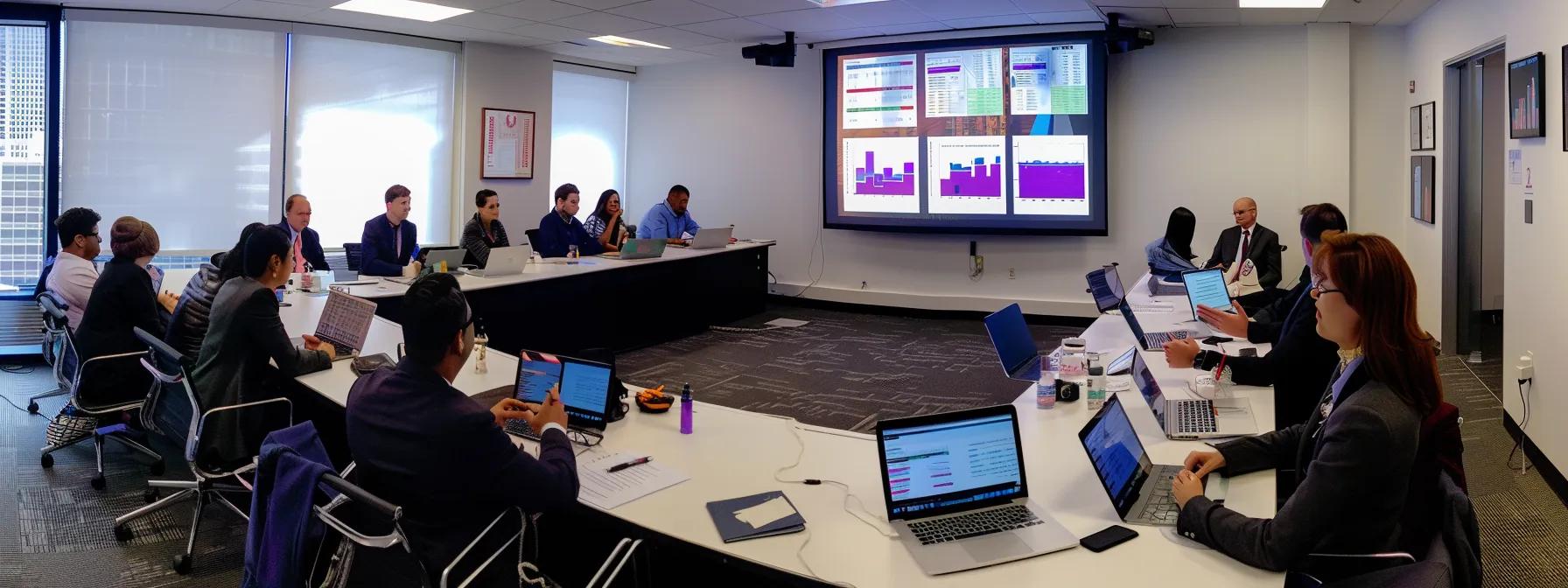 a focused office scene captures a sleek conference table surrounded by diverse professionals engaged in a discussion, with legal documents and laptops prominently displaying graphs and charts that symbolize the complex factors influencing personal injury lawsuit compensation.