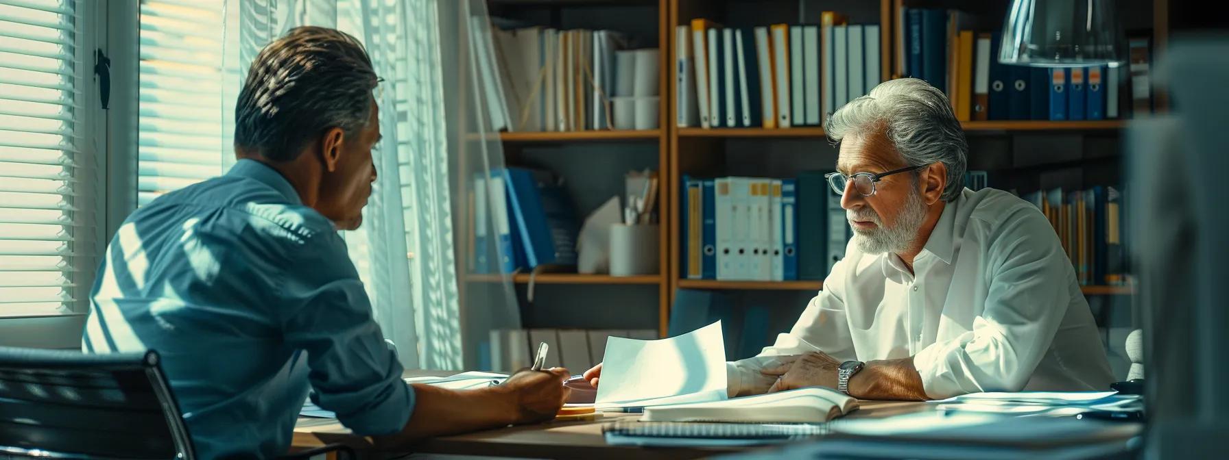 a focused office scene depicts a professional discussing a car accident injury claim with an insurance adjuster, surrounded by organized files of documentation, including accident reports and medical records, illuminated by soft, ambient lighting to highlight the seriousness of the negotiation.