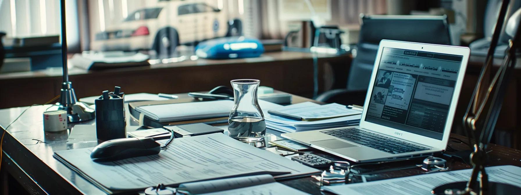 a focused office workspace displays a comprehensive collection of car accident evidence, including a detailed police report, a laptop showcasing photographic documentation of vehicle damage, and organized witness statements, all under dynamic, professional lighting to highlight the meticulous nature of evidence assembly for an injury claim.