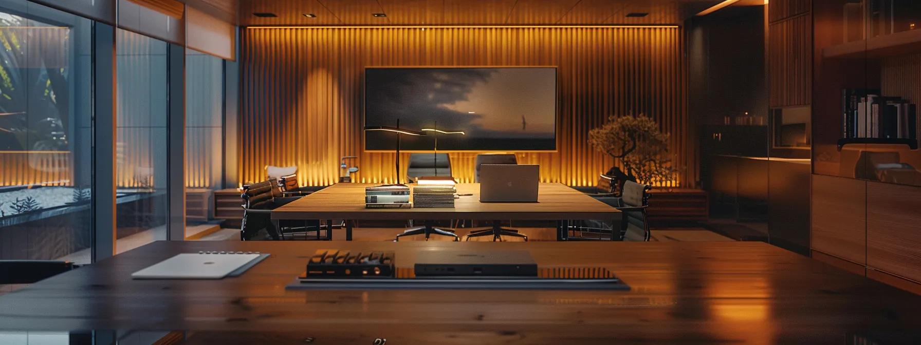 a modern law office with sleek furnishings showcases an open conference room, featuring a large table illuminated by warm artificial lighting, as detailed documents and a laptop lie ready for a discussion on personal injury claims and compensation options.