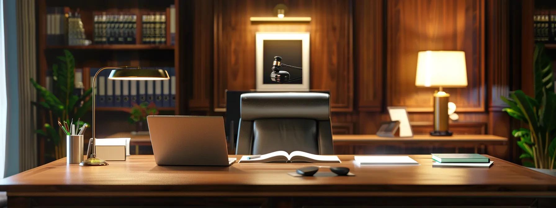 Personal Injury Lawsuit: a professional lawyer's office with a sleek wooden desk adorned with legal documents and a laptop, illuminated by soft, focused lighting that highlights a framed picture of a gavel, conveying the seriousness of understanding compensation in personal injury lawsuits.