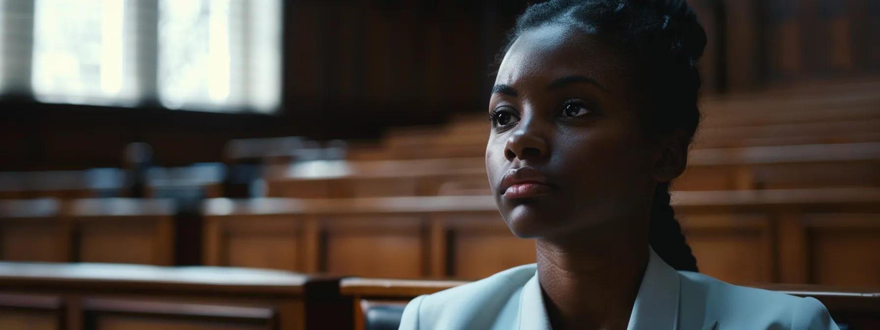 a tense courtroom environment is depicted, showcasing a claimant seated at a witness stand, visibly confident yet composed, while a stern judge and attentive jury members listen intently, highlighting the critical importance of credibility in personal injury claims.