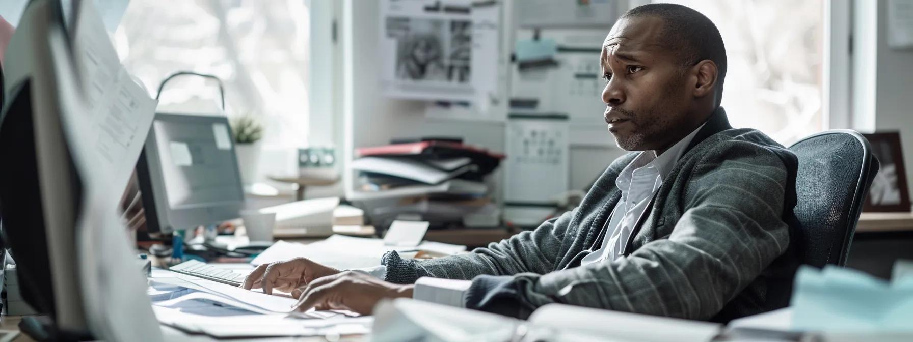 Personal injury claims explained: a tense office environment unfolds as a concerned individual sits at a desk surrounded by medical papers and a computer, contemplating the serious ramifications of timely actions after a vehicle accident, with documents on claims and reports scattered around, hinting at the urgency of addressing personal injury legalities.