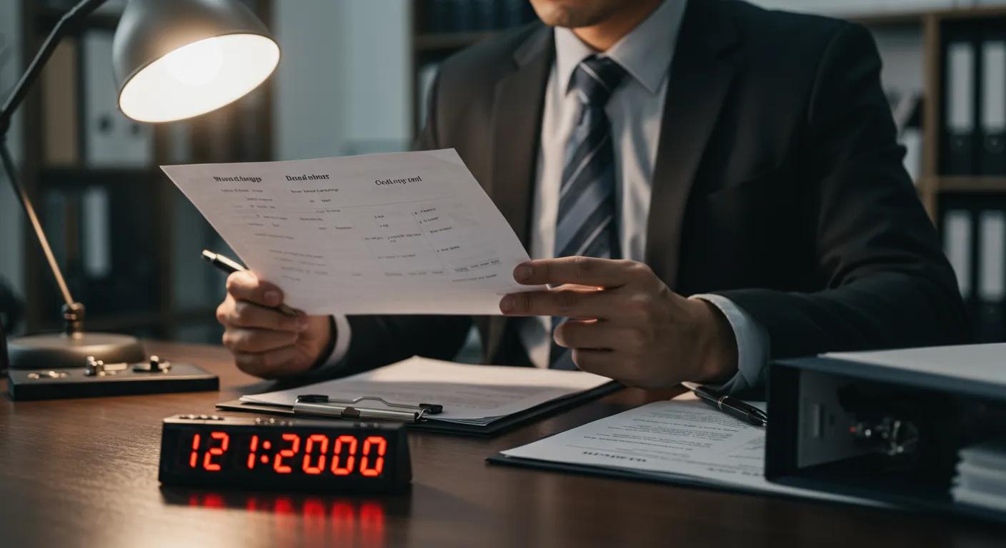 a focused lawyer in a modern office setting reviews critical legal documents related to personal injury claims, with a digital clock prominently displaying deadlines, symbolizing the urgency and complexity of navigating procedural blunders in the legal landscape.