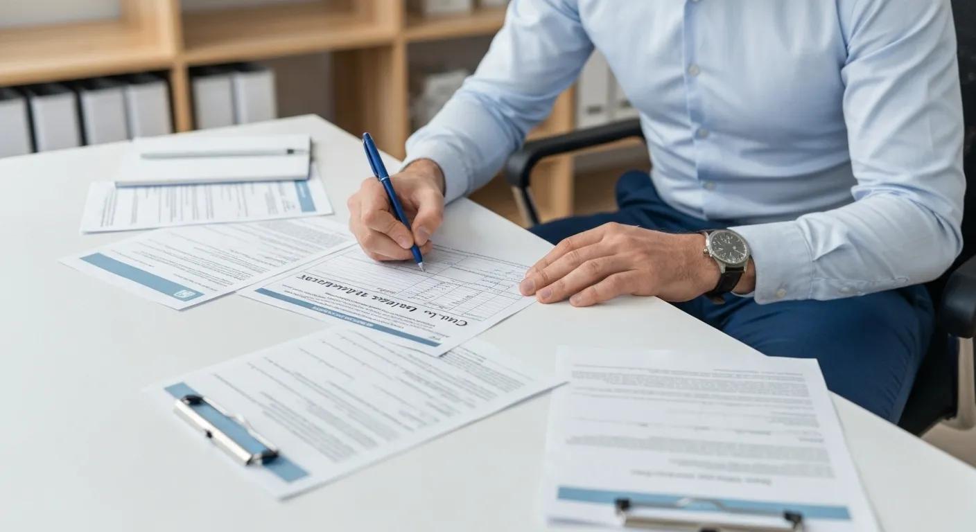 Individual completing a traffic accident claim form with medical documents