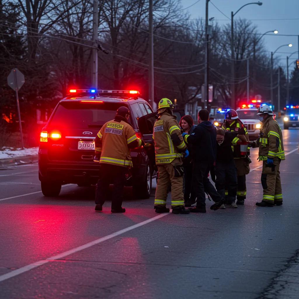 Traffic accident claim: evidence of police and rescue teams on scene.